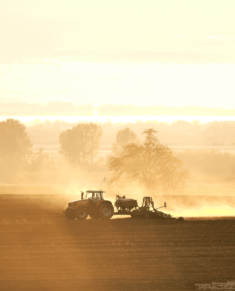 Foto på traktor som arbetar på jordbruksmark i gryningen.