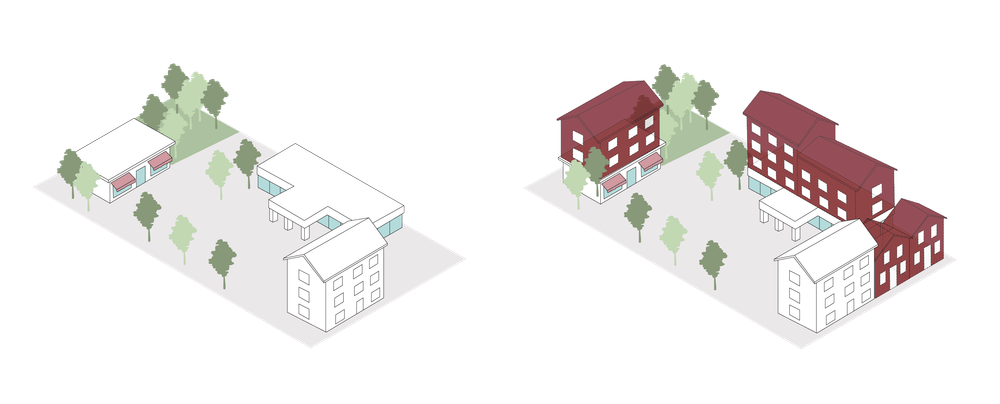 Illustrationen visar hur ett område med låg bebyggelse kan byggas på med fler våningar.
