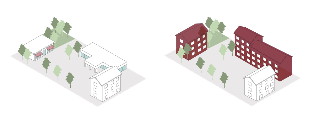 Illustrationen visar hur vissa byggnader kan rivas för att förvandla ett område till en ny typ av bebyggelse.