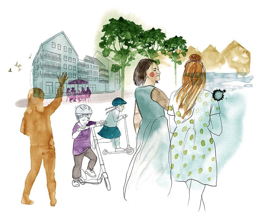 Illustration för att vi har bostäder och livsmiljöer där människor trivs. I bakgrunden syns ett flerbostadshus med ett café i bottenvåningen och människor som sitter och fikar. Det finns en trädallé framför husen där två barn leker med sparkcykel. Två kvinnor går och samtalar och bakom dem skymtas husen på villor och radhus.