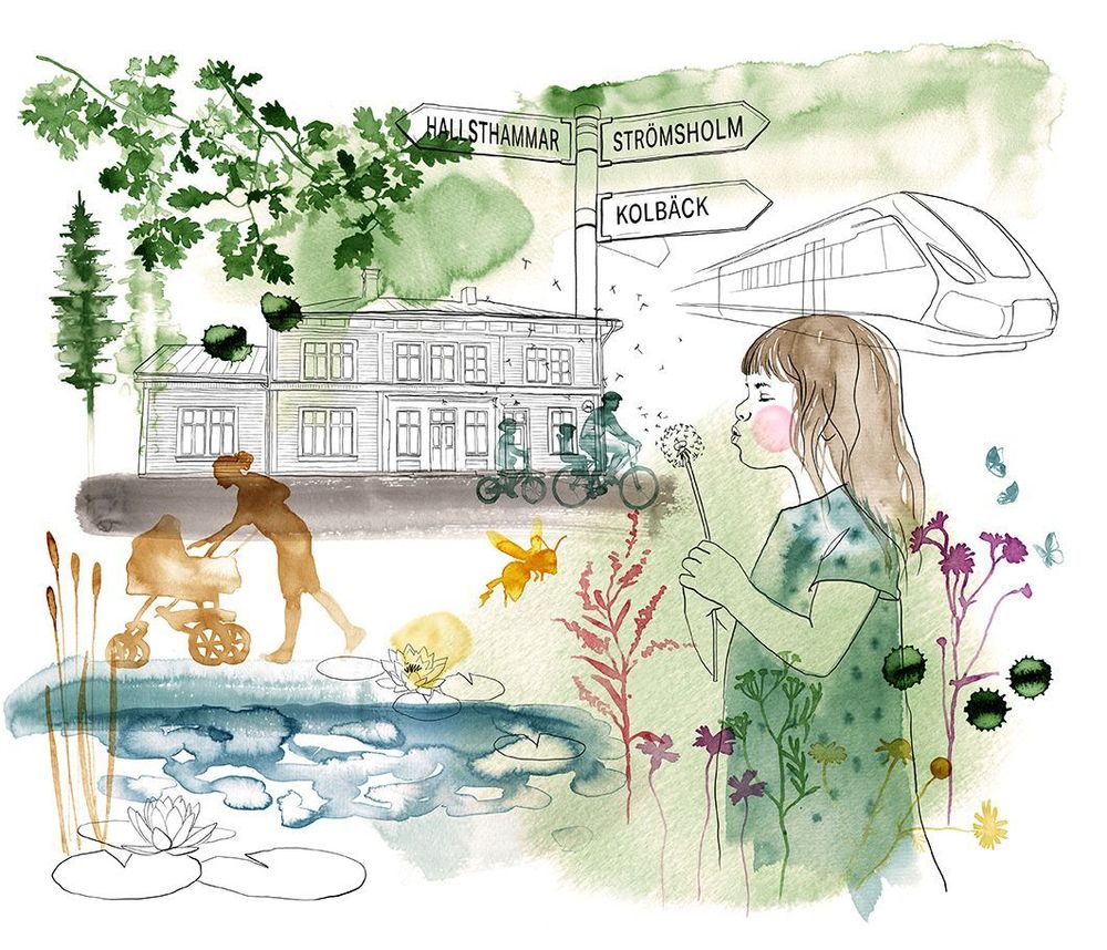 Illustration för vi är en miljömässigt robust kommun. Bilden visar Kolbäcks stationshus i bakgrunden tillsammans med ett körande tåg. Vid stationen finns en vägvisare där det står Hallstahammar, Strömsholm och Kolbäck. Framför stationen cyklar en familj och en kvinna går med barnvagn. Det finns en liten damm med näckrosor, bin och ängsblommor längst fram i bilden där en flicka står och blåser maskrosfrön.