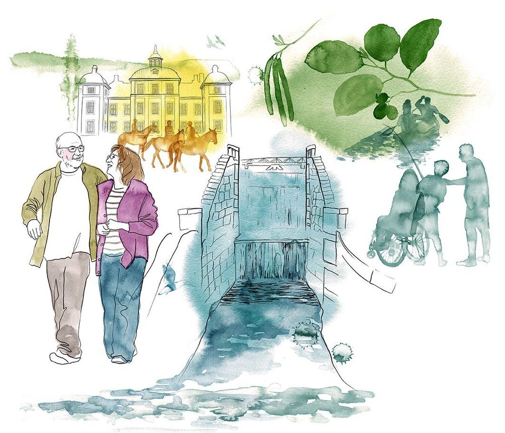 Illustration för att vi har nära till allt. Kanalen och slussen finns i mitten, med Strömsholms slott i bakgrunden. Människor rider framför slottet. Längs kanalen går ett äldre par och tre personer, en vuxen, ett barn och en i rullstol fiskar. Två människor paddlar i kanalen.