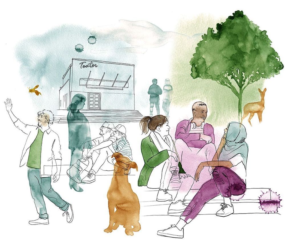 Illustration för vi är en socialt välmående kommun med stark samhörighet. Bilden visar Hammarteatern i bakgrunden med ett träd och ett rådjur i det högra hörnet. Framför detta sitter flera människor och samtalar.