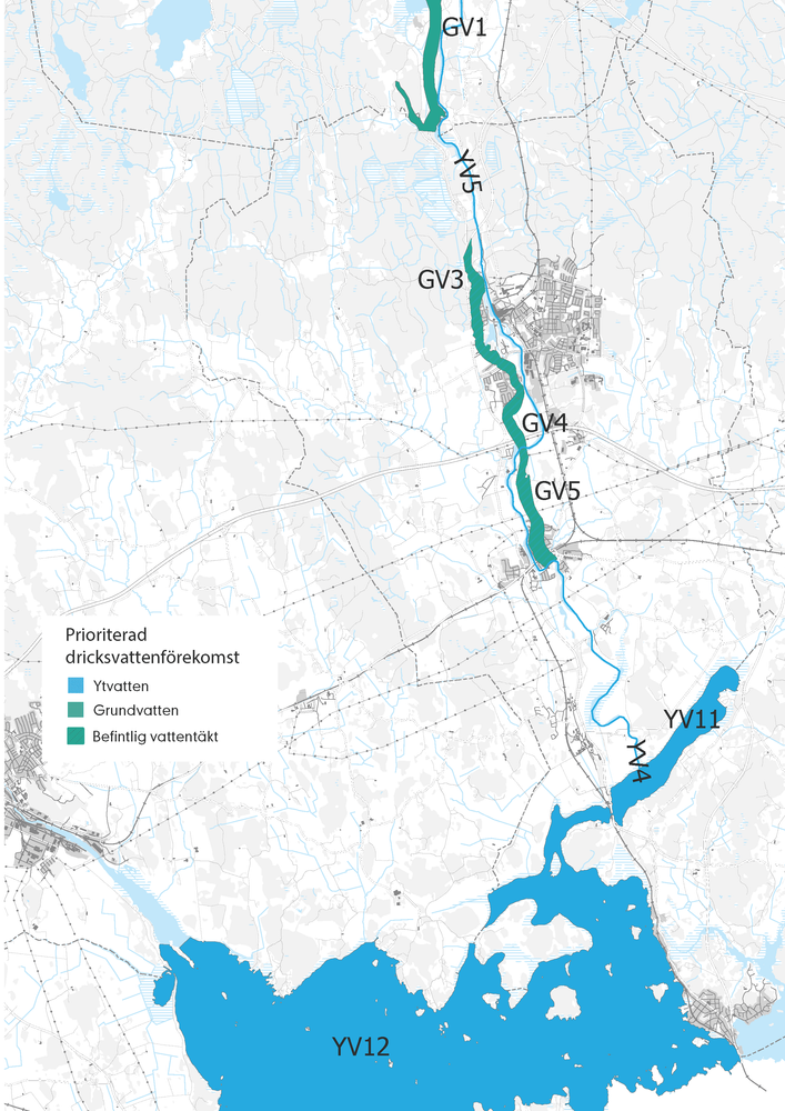 Karta som visar prioriterade dricksvattenförekomster, från vattenförsörjningsplanen.