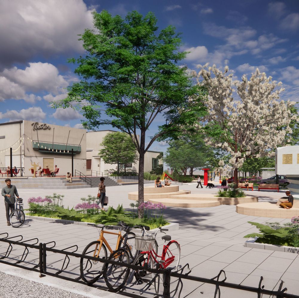 Illustration från planprogrammet för Hallstahammars centrum som visar en trevlig grönskande torgmiljö