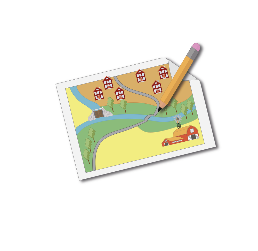 En illustration som visar en penna som skissar upp olika markanvändningar på ett papper.