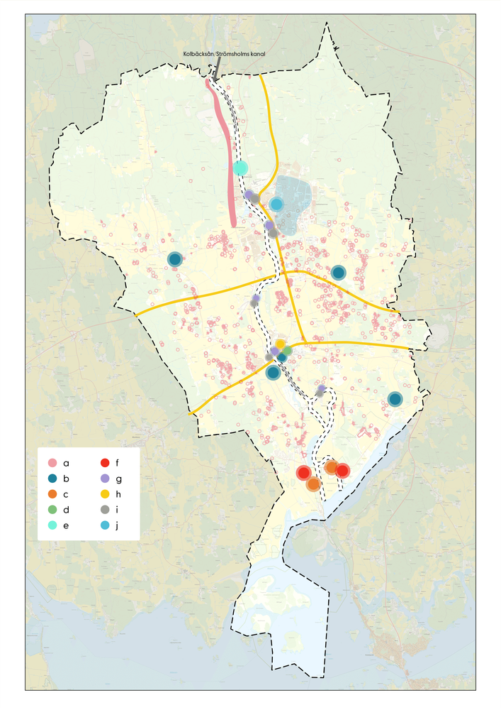 Karta med tyngdpunkter i kommunens historia
