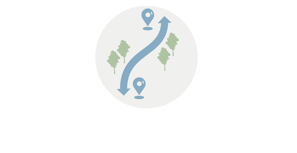 Symbol för utveckla och binda samman grön- och blåområden. Symbolen visar en blå pil mellan två målpunkter och gröna träd på båda sidor om pilen.