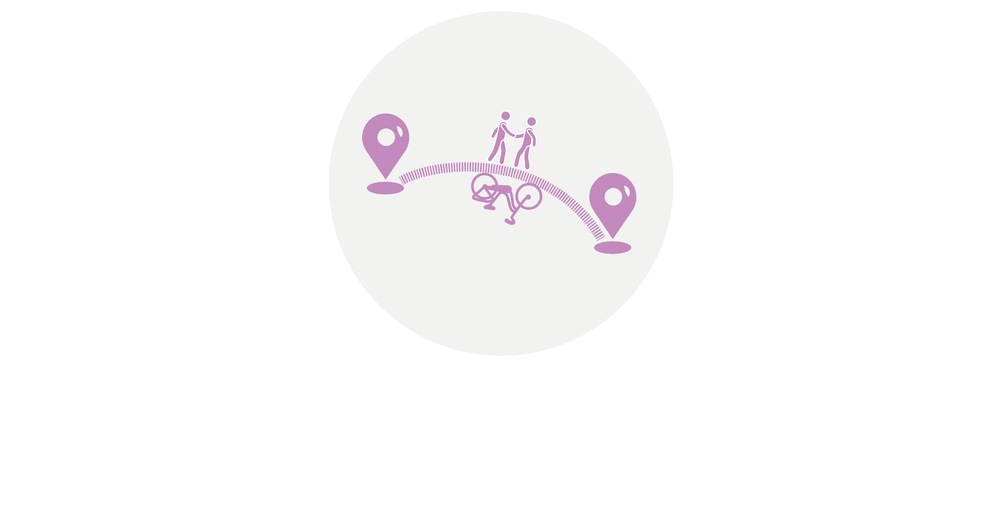 Symbol för strategin koppla samman kommunen fysiskt och mentalt. Symbolen visar en streckad linje mellan två målpunkter. På ena sidan om strecken står två människor och skakar hand, på den andra sidan av strecket finns en cykel.