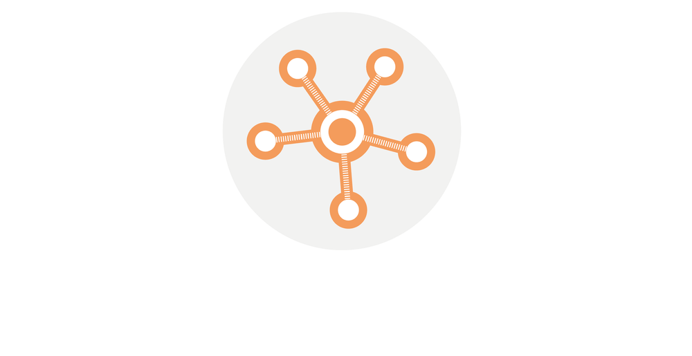 Symbol för strategin öka tillgängligheten inom kommunen och mälardalsregionen. Symbolen visar en central med fem cirklar utanför. Cirklarna utanför är sammankopplade med cirkeln i mitten med linjer.